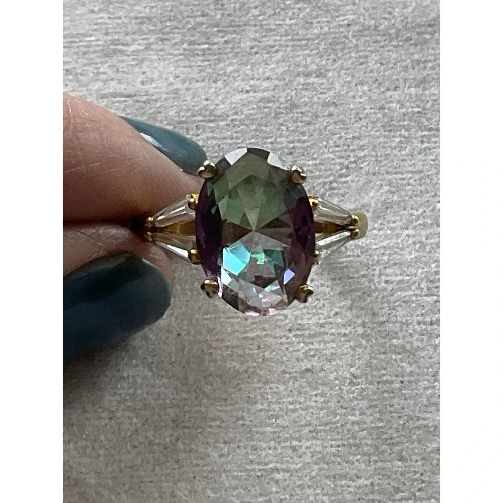 925 Sterling Silver Gold Vermeil Mystic Topaz Ring Size 7.75 Vintage Estate